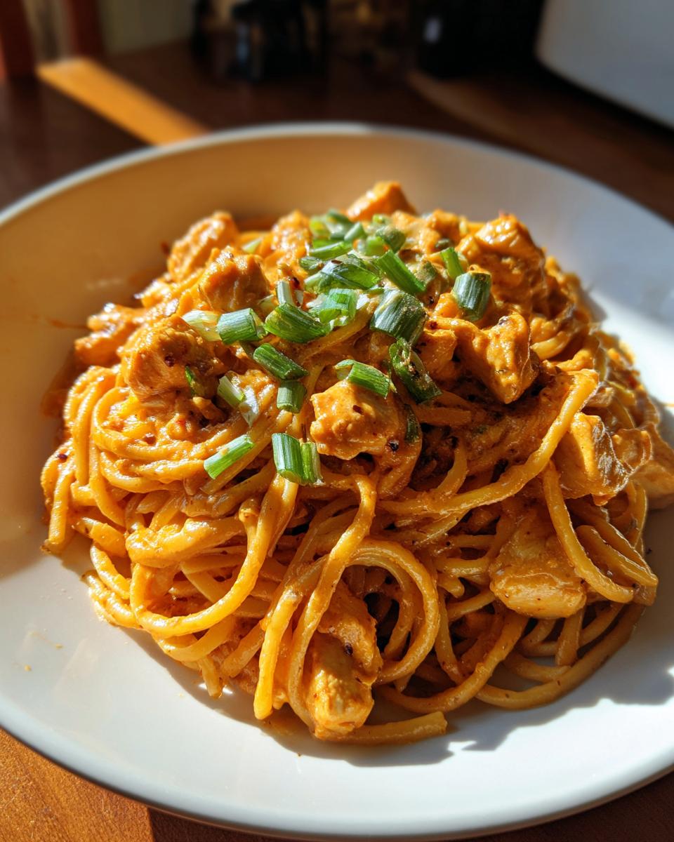 A close-up of creamy cajun chicken pasta tossed in a rich orange sauce and topped with fresh green onions.