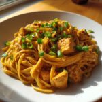 A close-up of creamy cajun chicken pasta tossed with spices and topped generously with chopped green onions.
