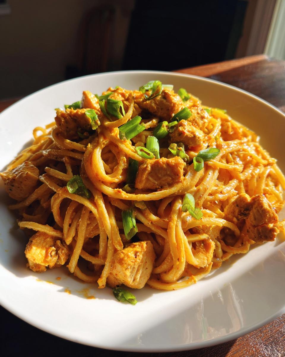 A close-up of a white bowl filled with creamy cajun chicken pasta, topped with diced chicken and sliced green onions.