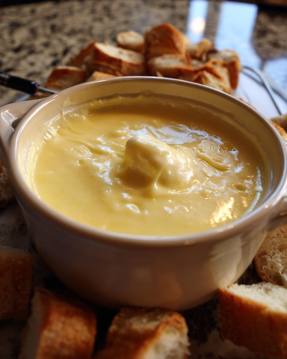 Close-up of creamy, melted cheese fondue in a white pot surrounded by pieces of toasted bread for dipping.