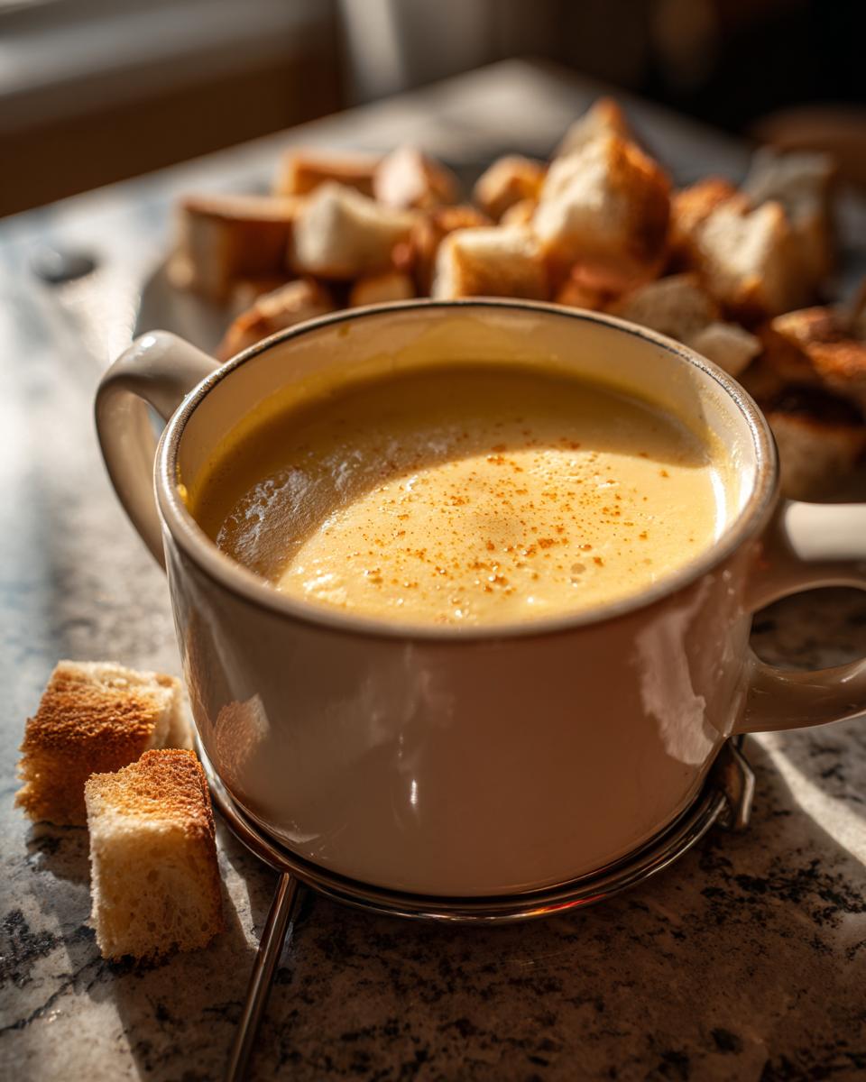 Close-up of creamy cheese fondue served in a mug, sprinkled with spice, next to toasted bread cubes.
