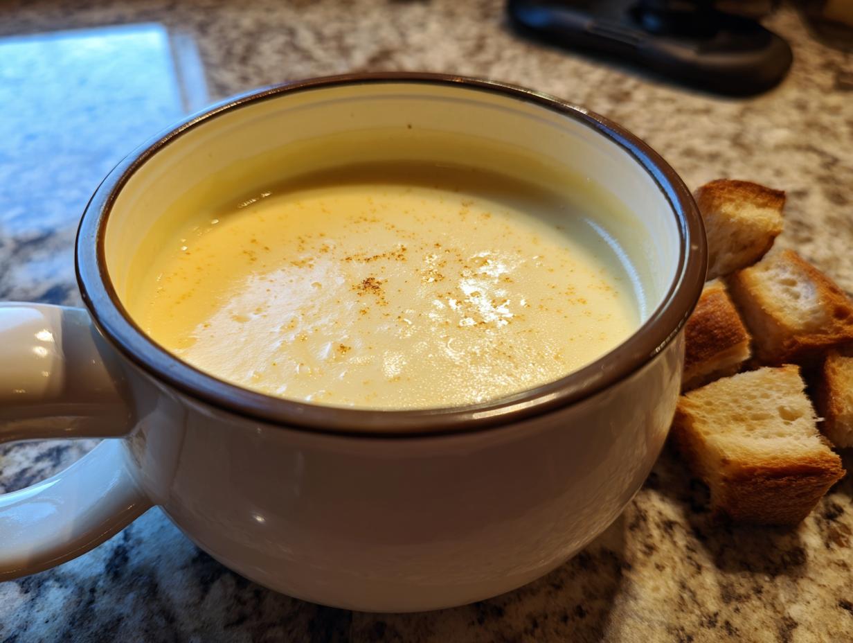 A close-up of creamy cheese fondue served in a white mug, sprinkled with spice, next to toasted bread cubes.