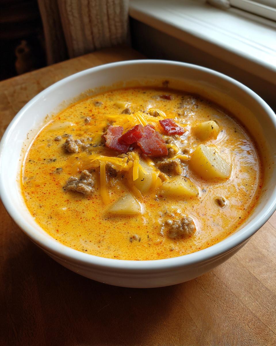 A close-up of a bowl of rich, orange Cheeseburger Soup topped with shredded cheddar, bacon bits, and chunks of potato.
