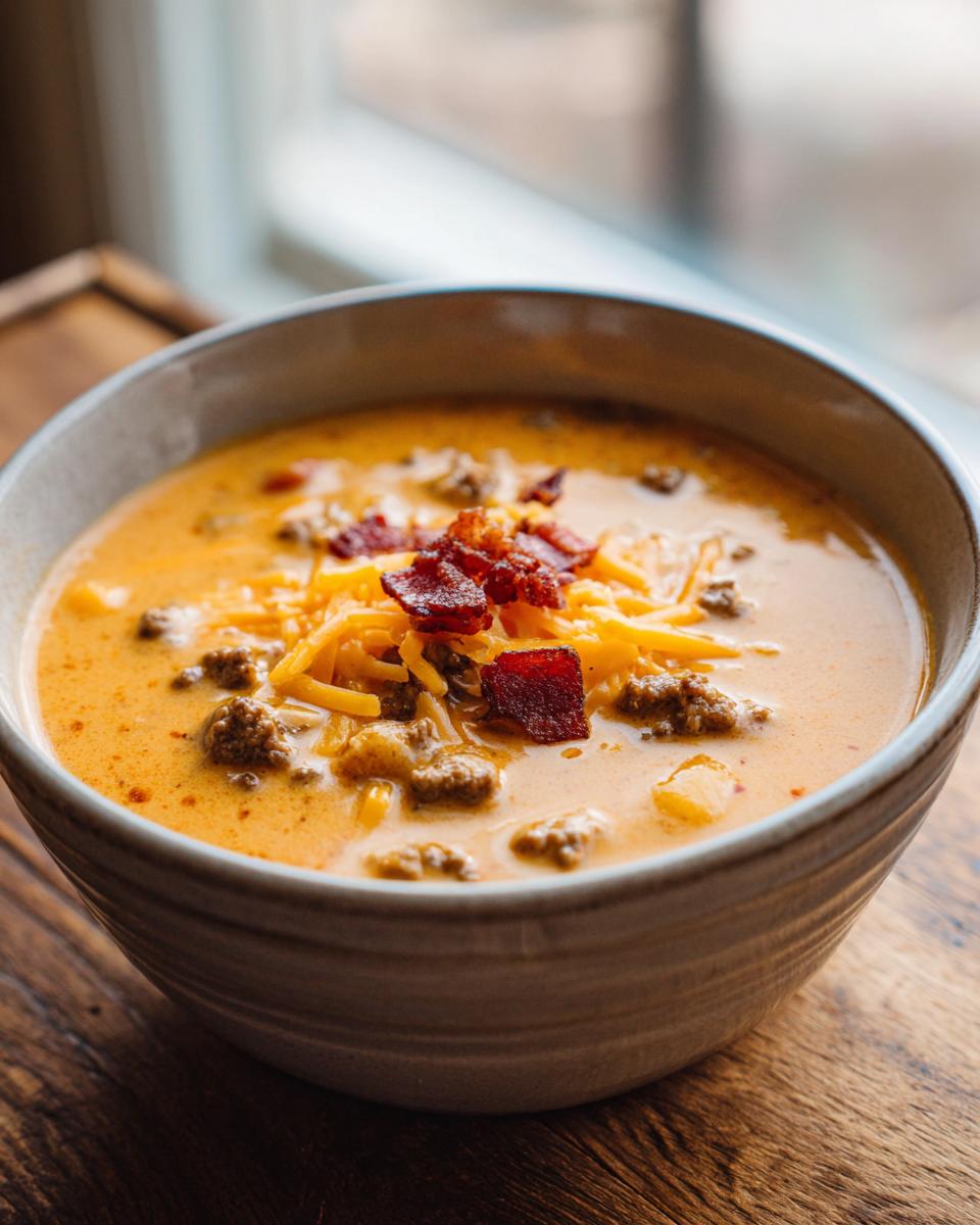 A close-up of a bowl of creamy, orange Cheeseburger Soup topped with shredded cheddar cheese and crispy bacon pieces.