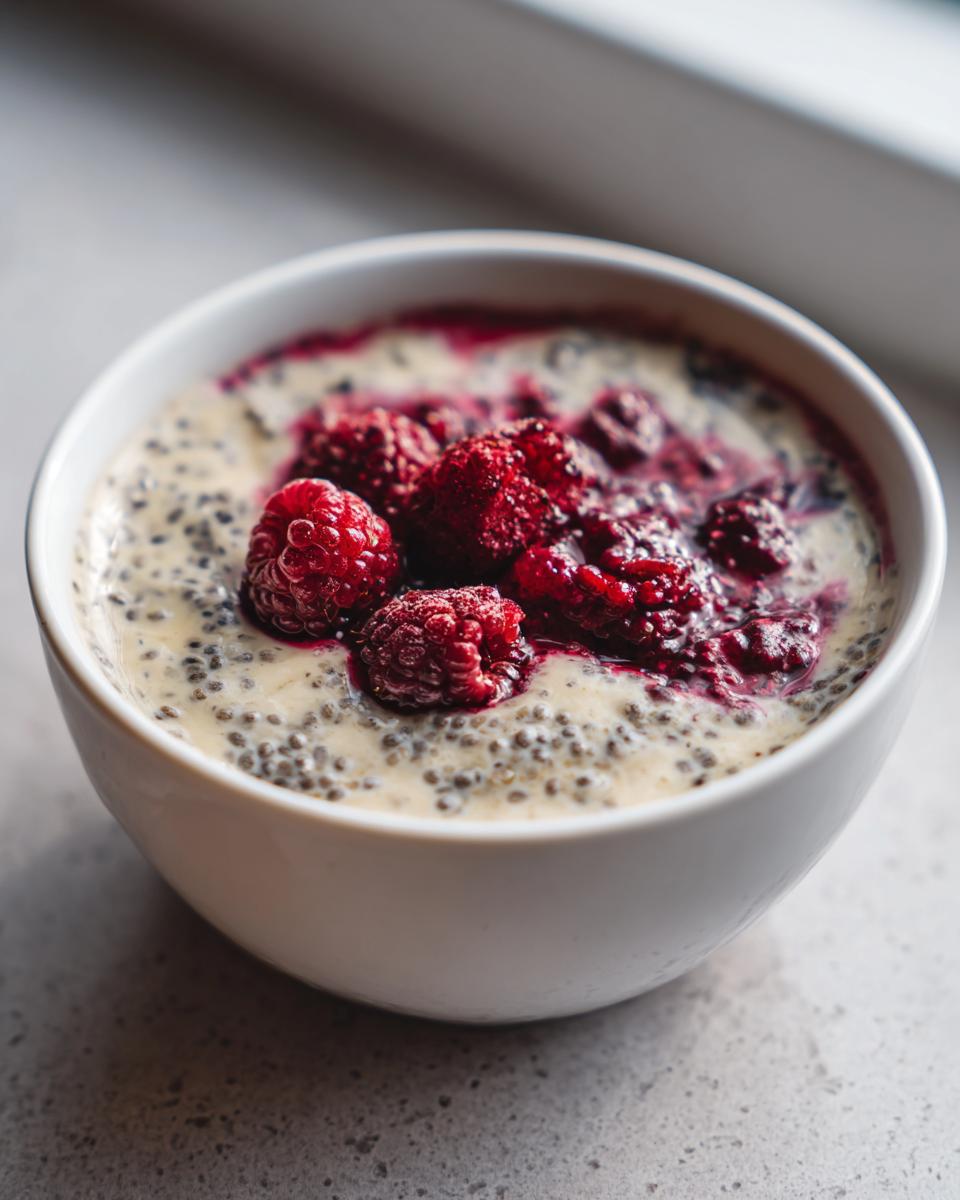 Close-up of creamy chia seed pudding topped with bright red raspberries and berry sauce.