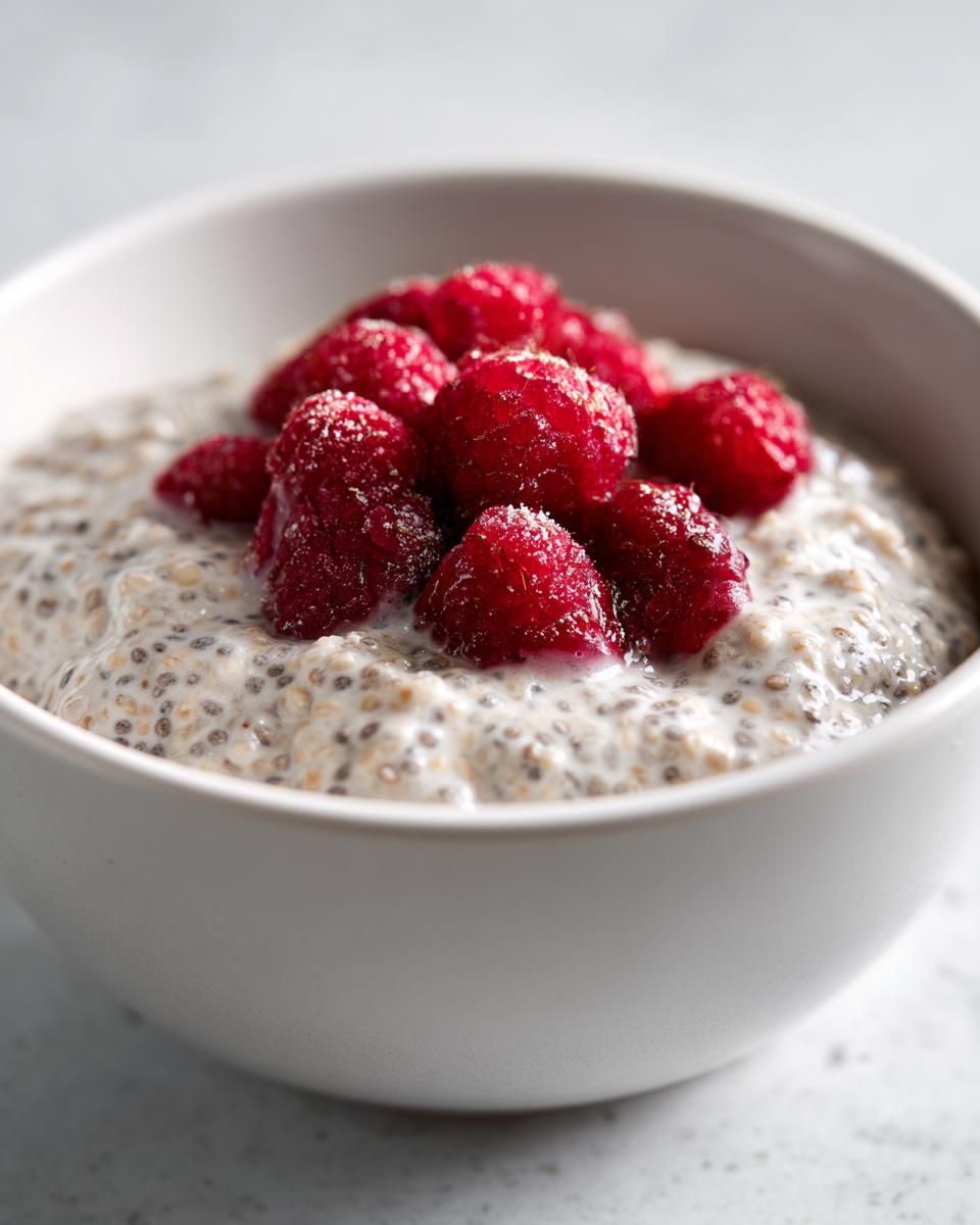 Close-up of creamy chia seed pudding topped generously with bright red raspberries in a white bowl.