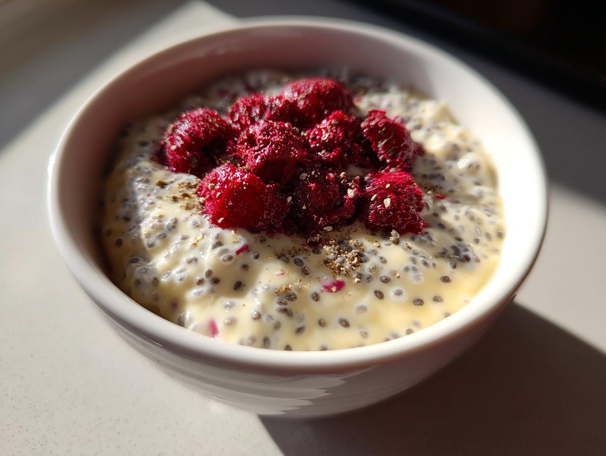 A white bowl filled with creamy chia seed pudding topped with bright red raspberries and sprinkled seeds.