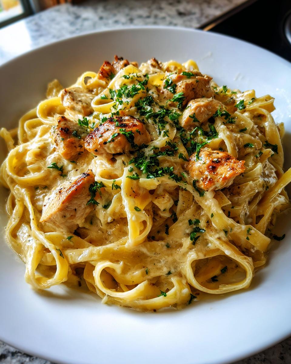 Close-up of a white bowl filled with creamy chicken fettuccine alfredo, topped with grilled chicken pieces and fresh parsley.