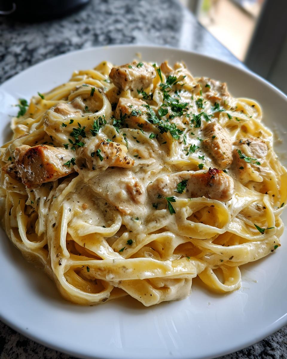 A close-up of creamy chicken fettuccine alfredo pasta topped with fresh parsley on a white plate.