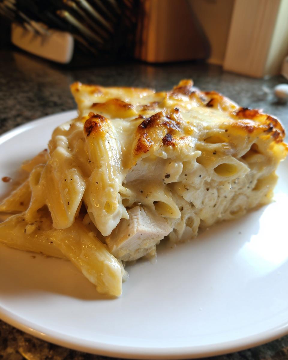 A generous slice of creamy chicken pasta bake featuring penne pasta and chunks of chicken, topped with bubbly, browned cheese.
