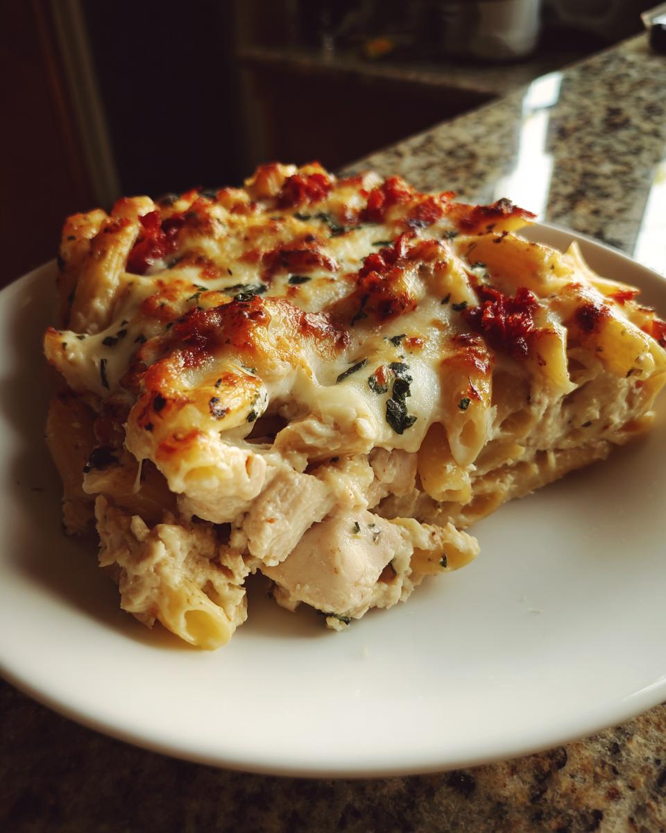 A close-up serving of a creamy chicken pasta bake, topped with melted, browned cheese and herbs.