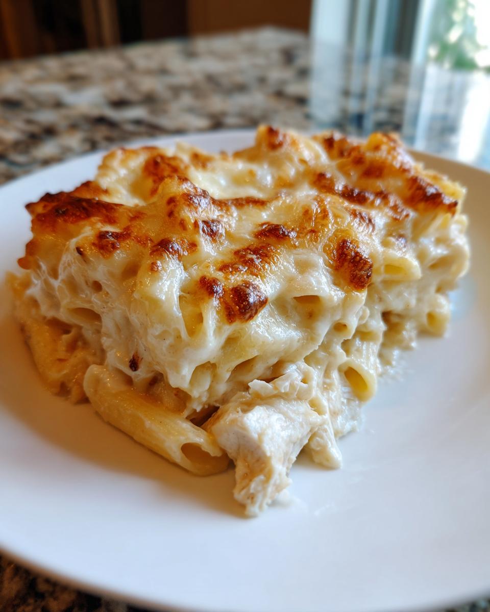 A close-up of a generous serving of creamy chicken pasta bake with a perfectly browned, cheesy top on a white plate.