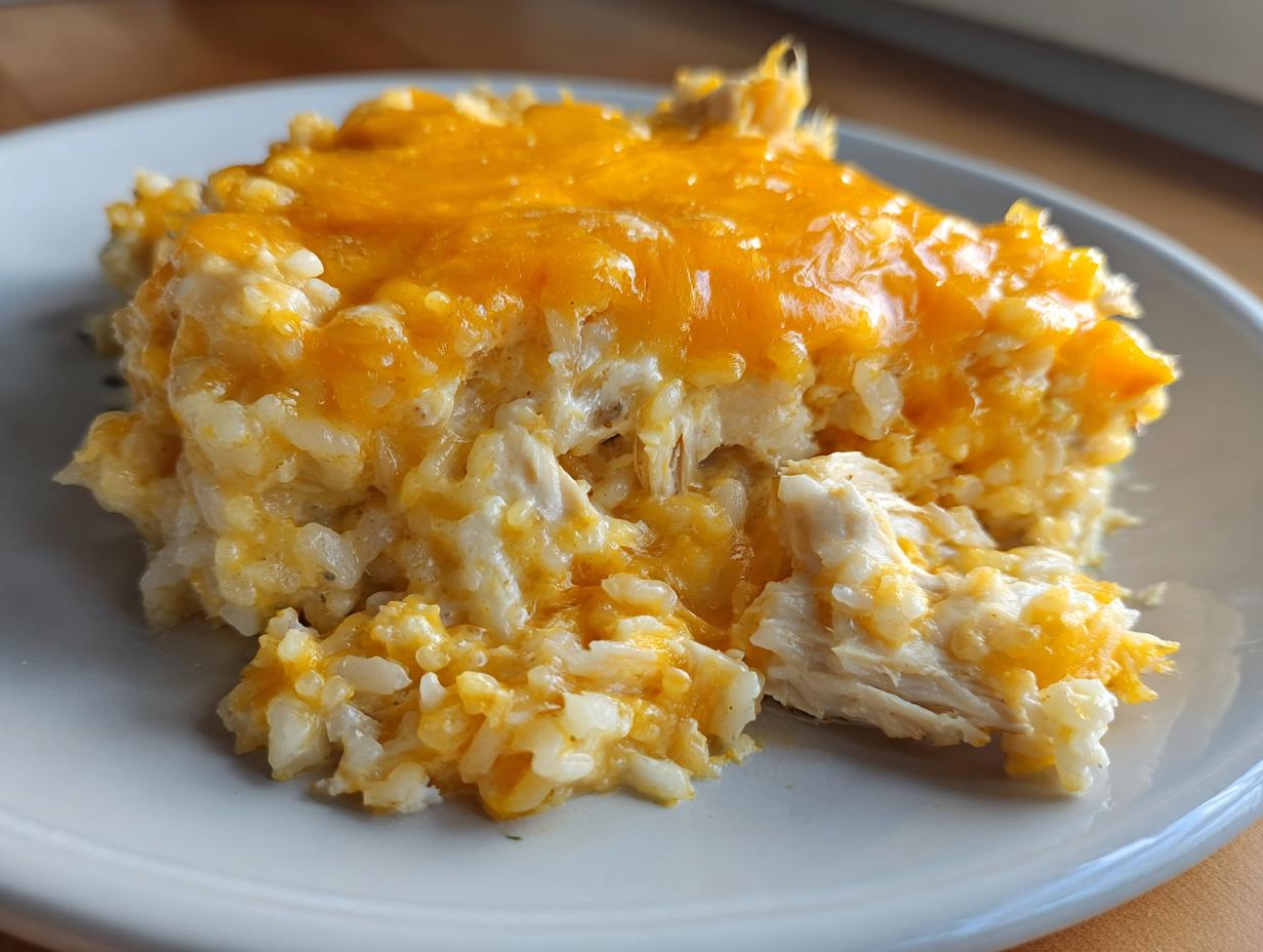 Close-up of a portion of creamy chicken rice casserole topped with melted orange cheddar cheese on a light plate.