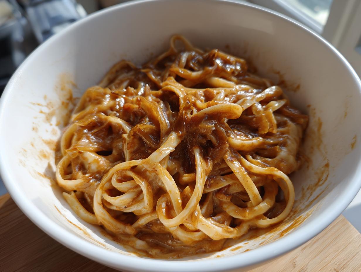 A close-up view of creamy french onion pasta coated in a rich, brown sauce, served in a white bowl.