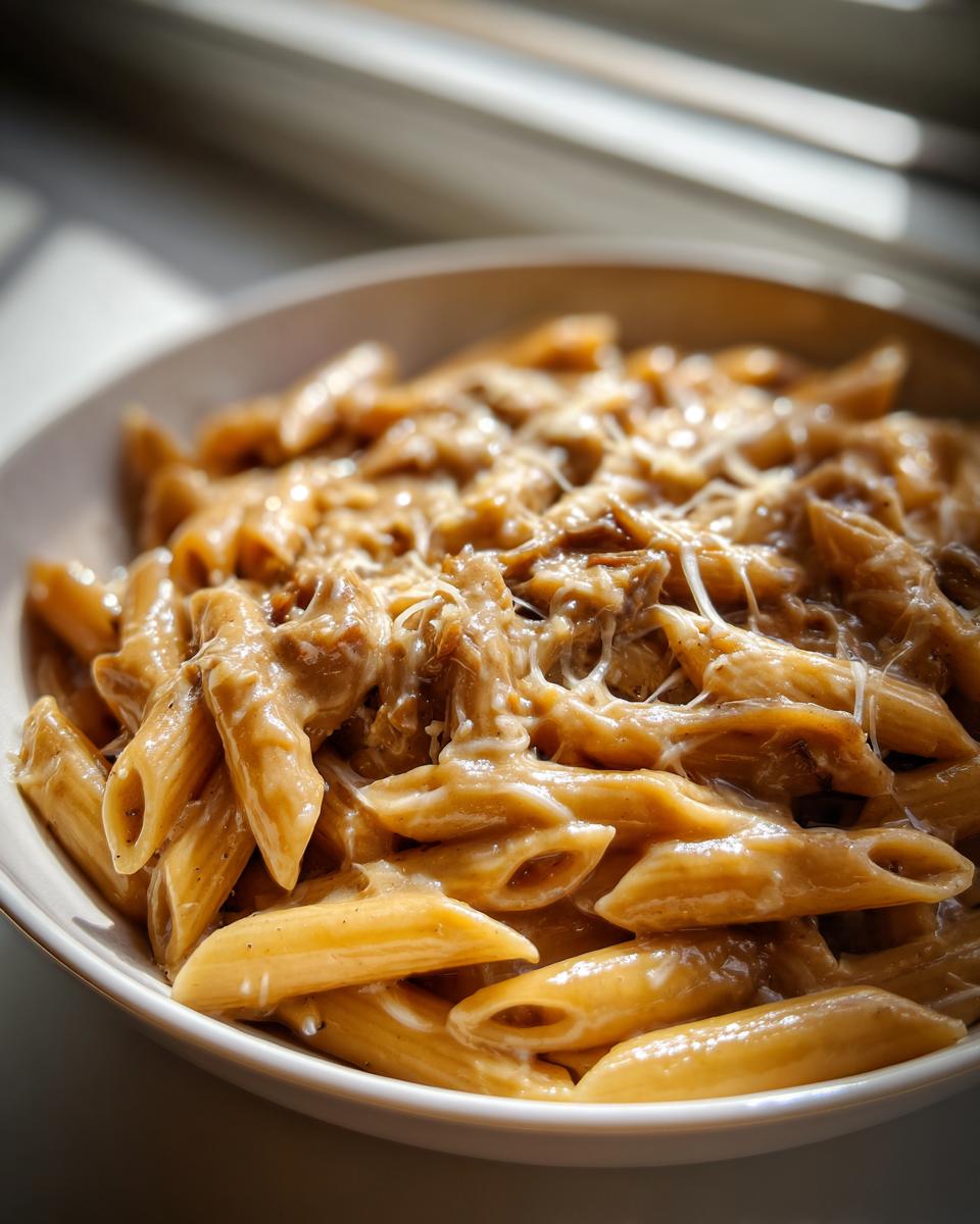 A close-up of a white bowl filled with creamy french onion pasta (penne) topped with melted, stringy cheese.