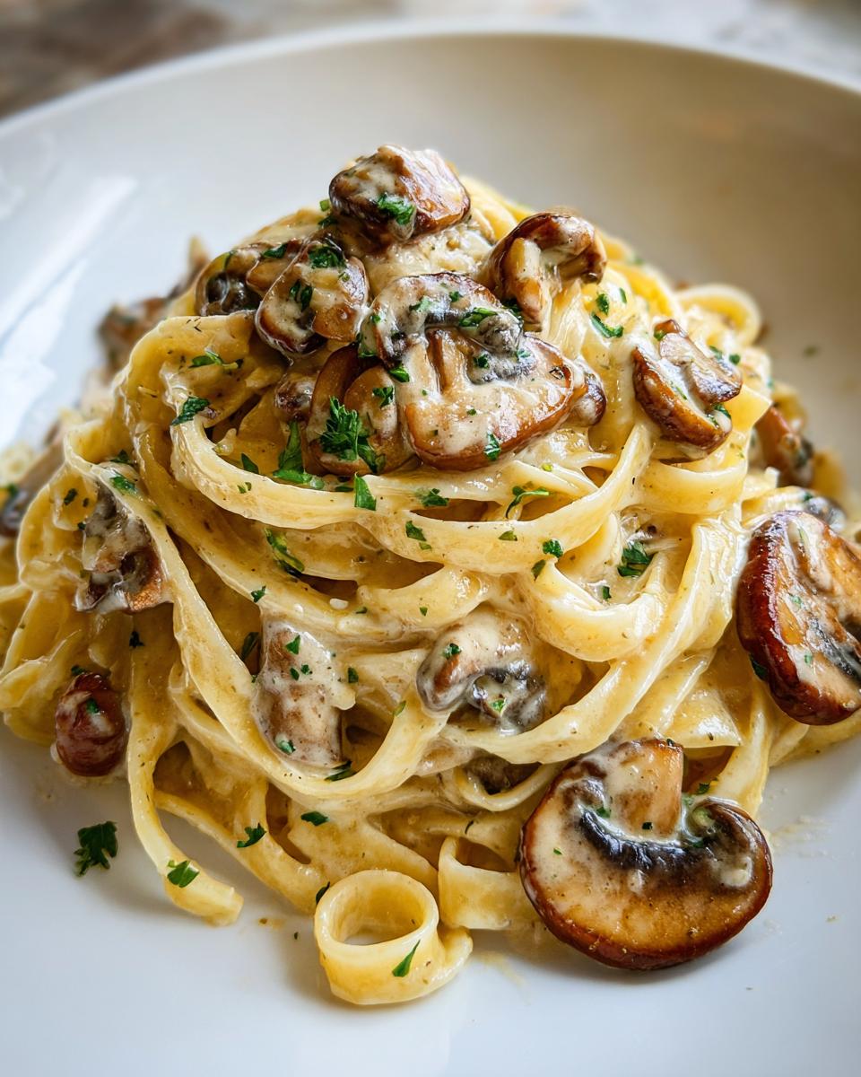 A close-up of creamy fettuccine mushroom pasta topped with sautéed mushrooms and fresh parsley.