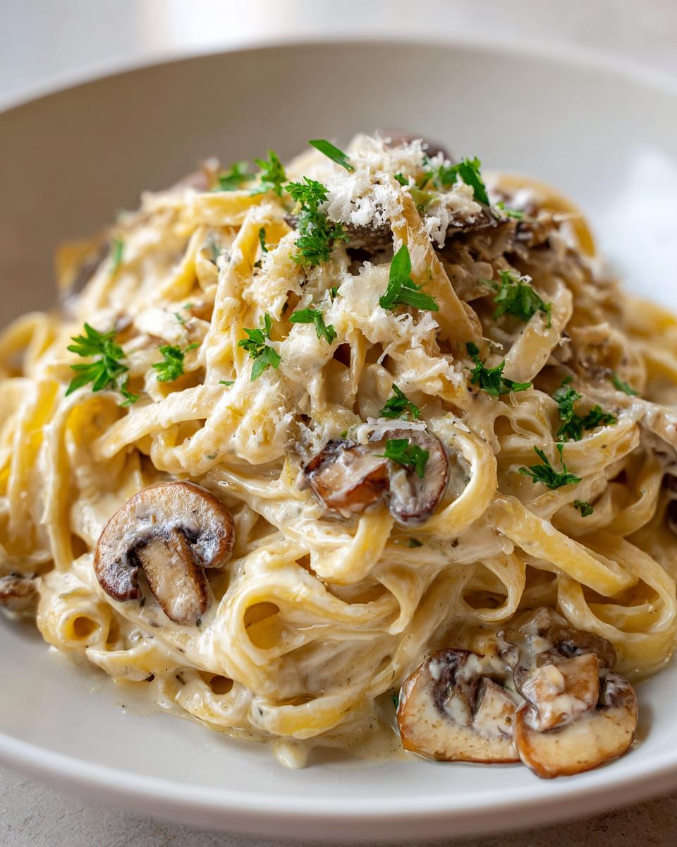 Close-up of creamy fettuccine mushroom pasta topped with grated cheese and fresh parsley.