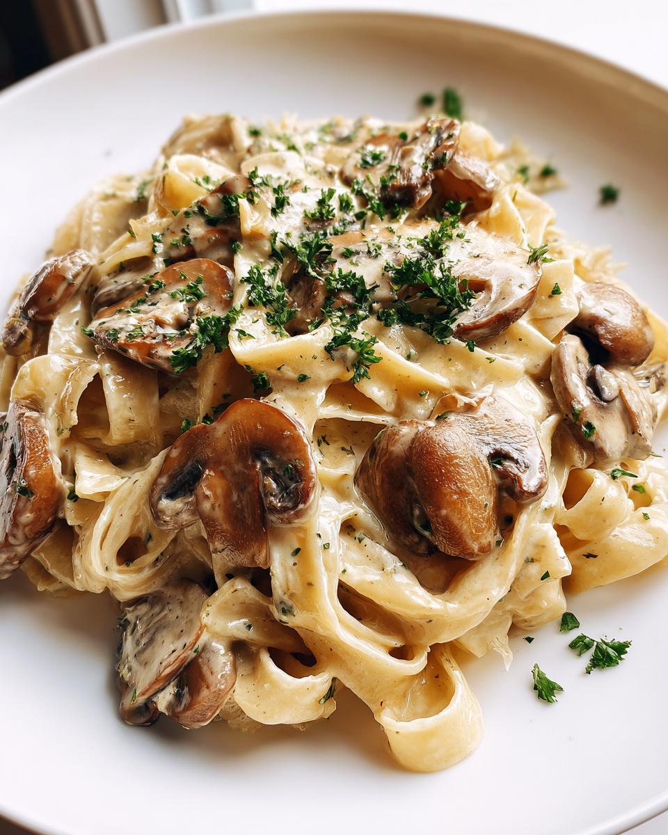 Close-up of creamy fettuccine mushroom pasta topped with sautéed mushrooms and fresh parsley.