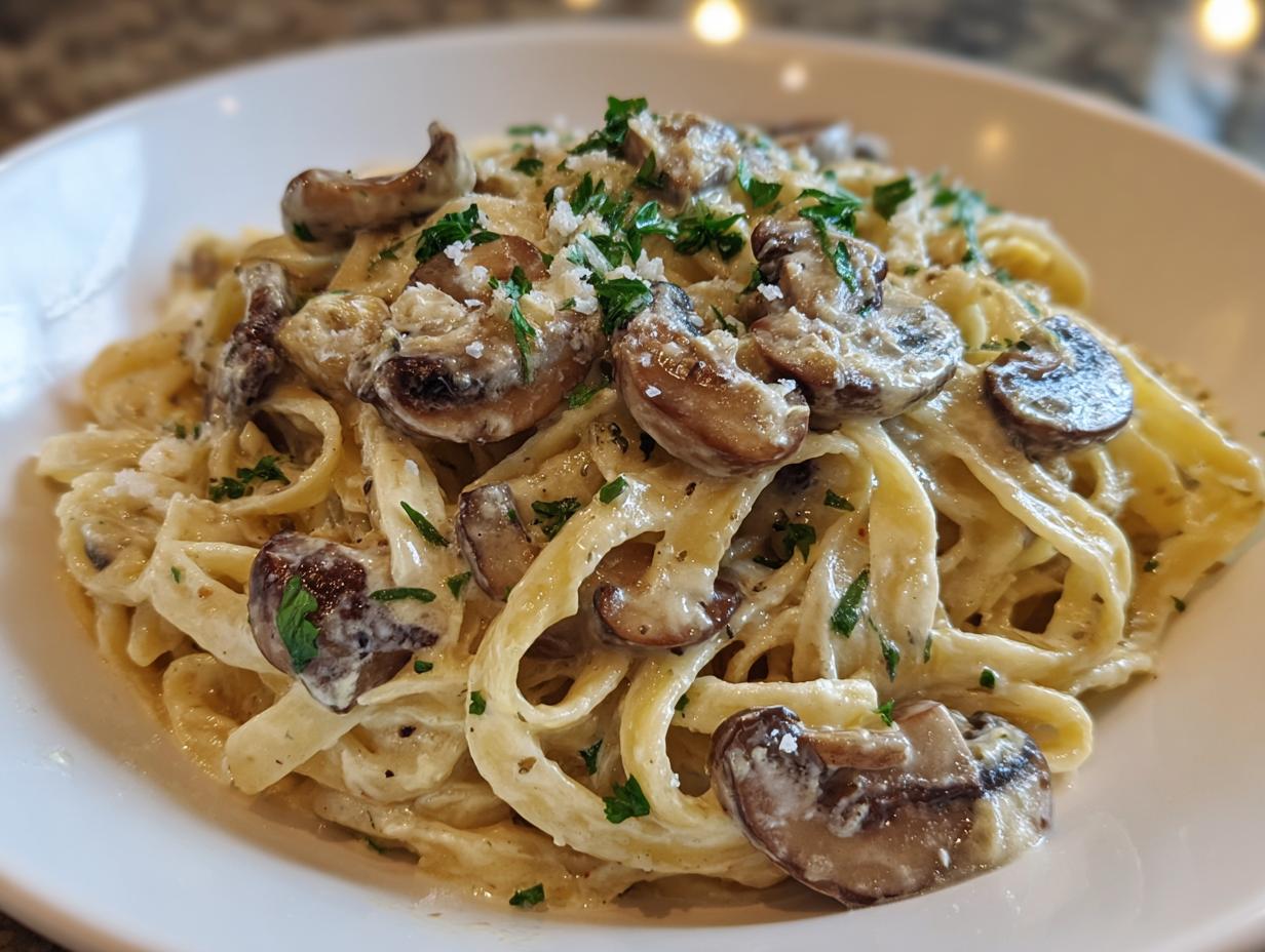 Close-up of creamy mushroom pasta featuring fettuccine noodles, sliced mushrooms, and parsley garnish.