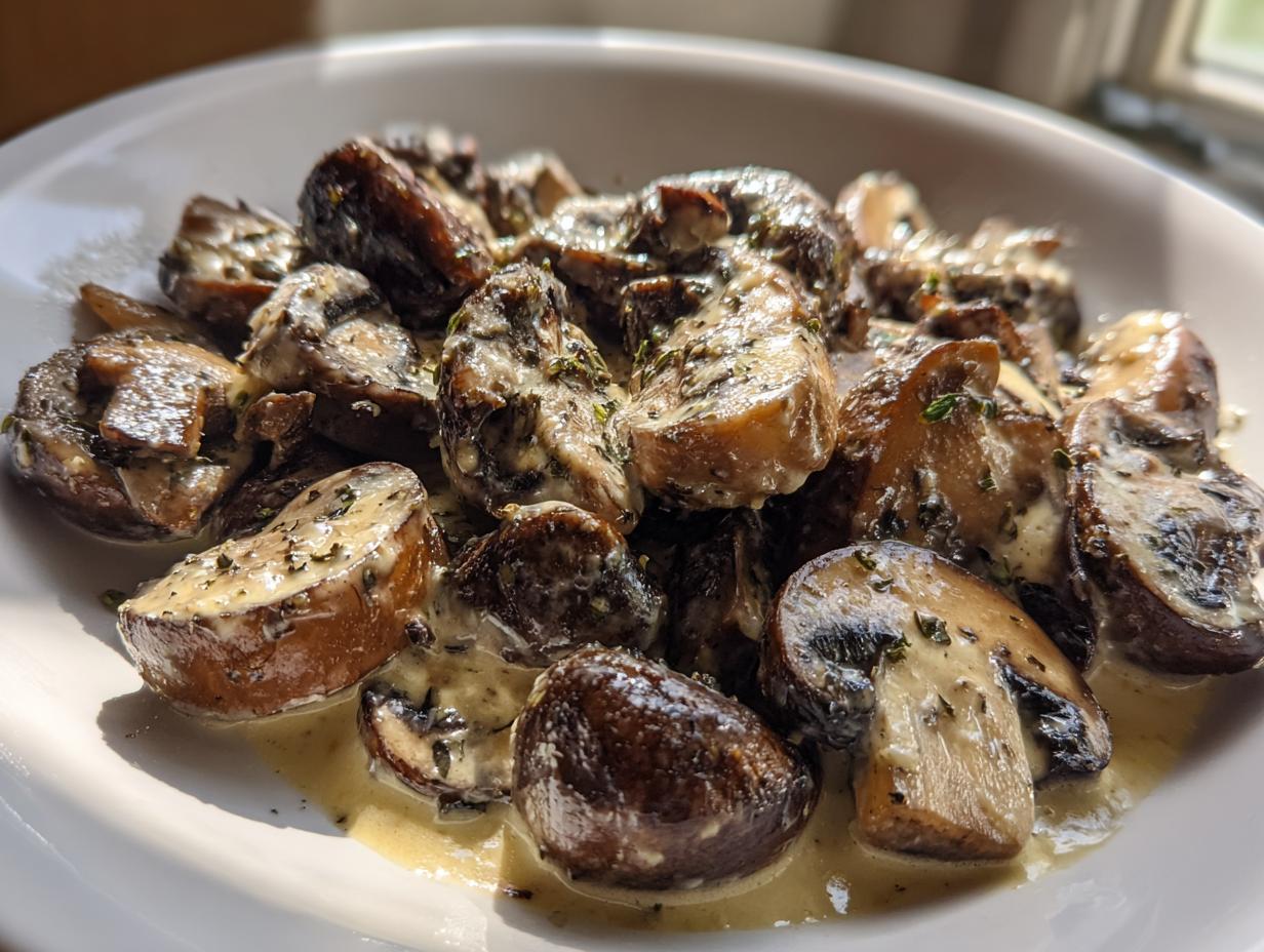 Close-up of sautéed mushrooms coated in a rich, creamy mushroom sauce and sprinkled with herbs.