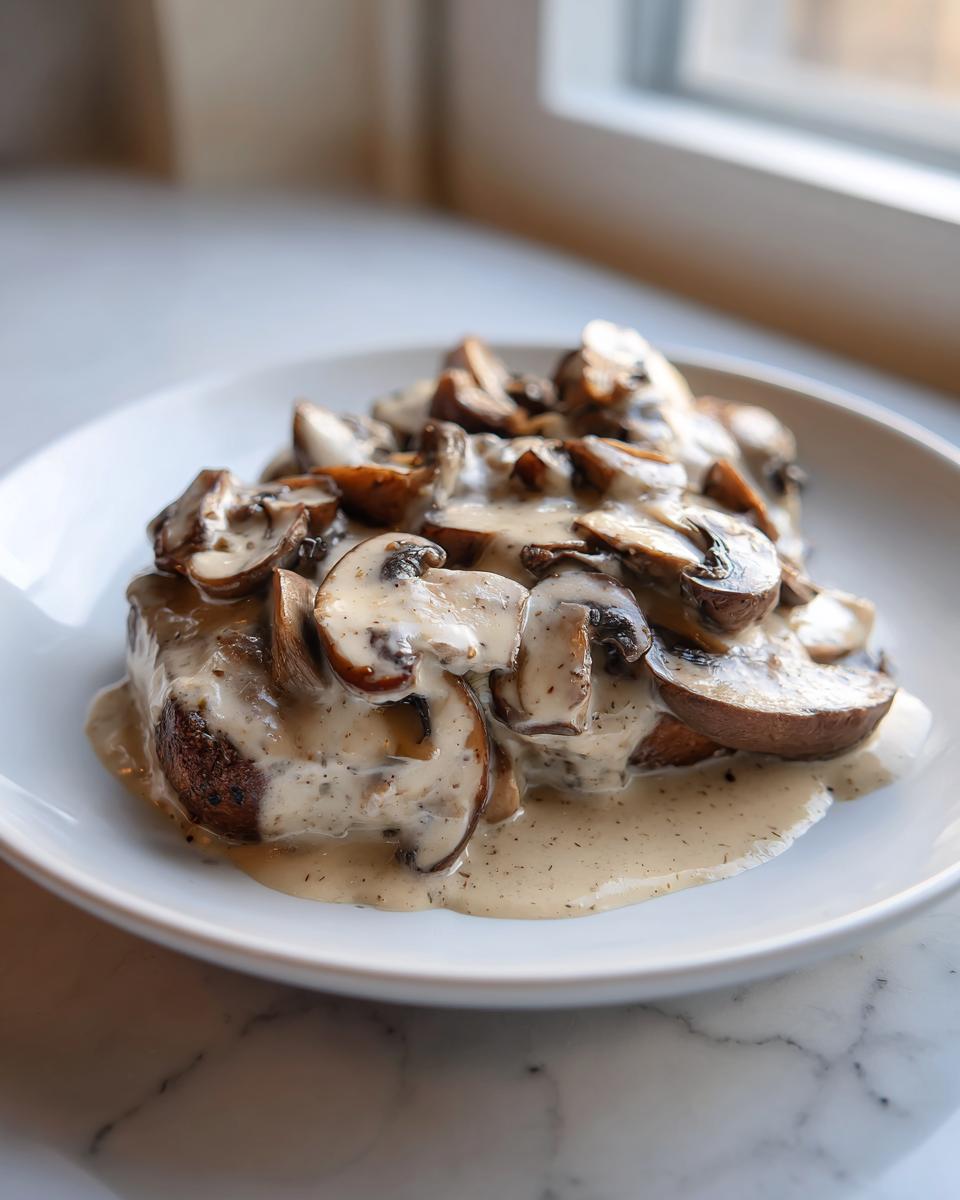 A serving of browned mushrooms generously covered in a creamy, speckled mushroom sauce on a white plate.
