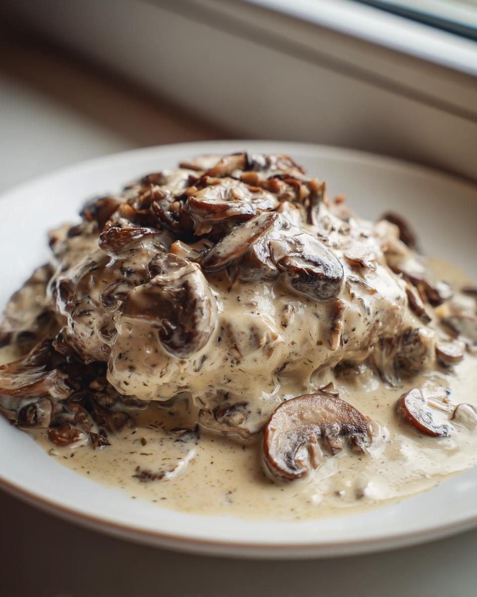 A close-up of a savory dish generously covered in a rich, creamy mushroom sauce with visible sliced mushrooms.