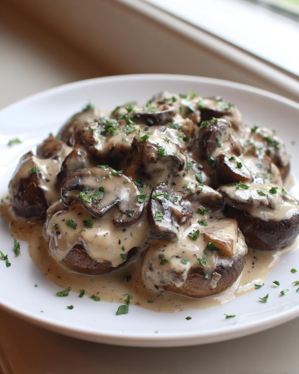Whole sautéed mushrooms generously covered in a creamy mushroom sauce and sprinkled with fresh parsley.