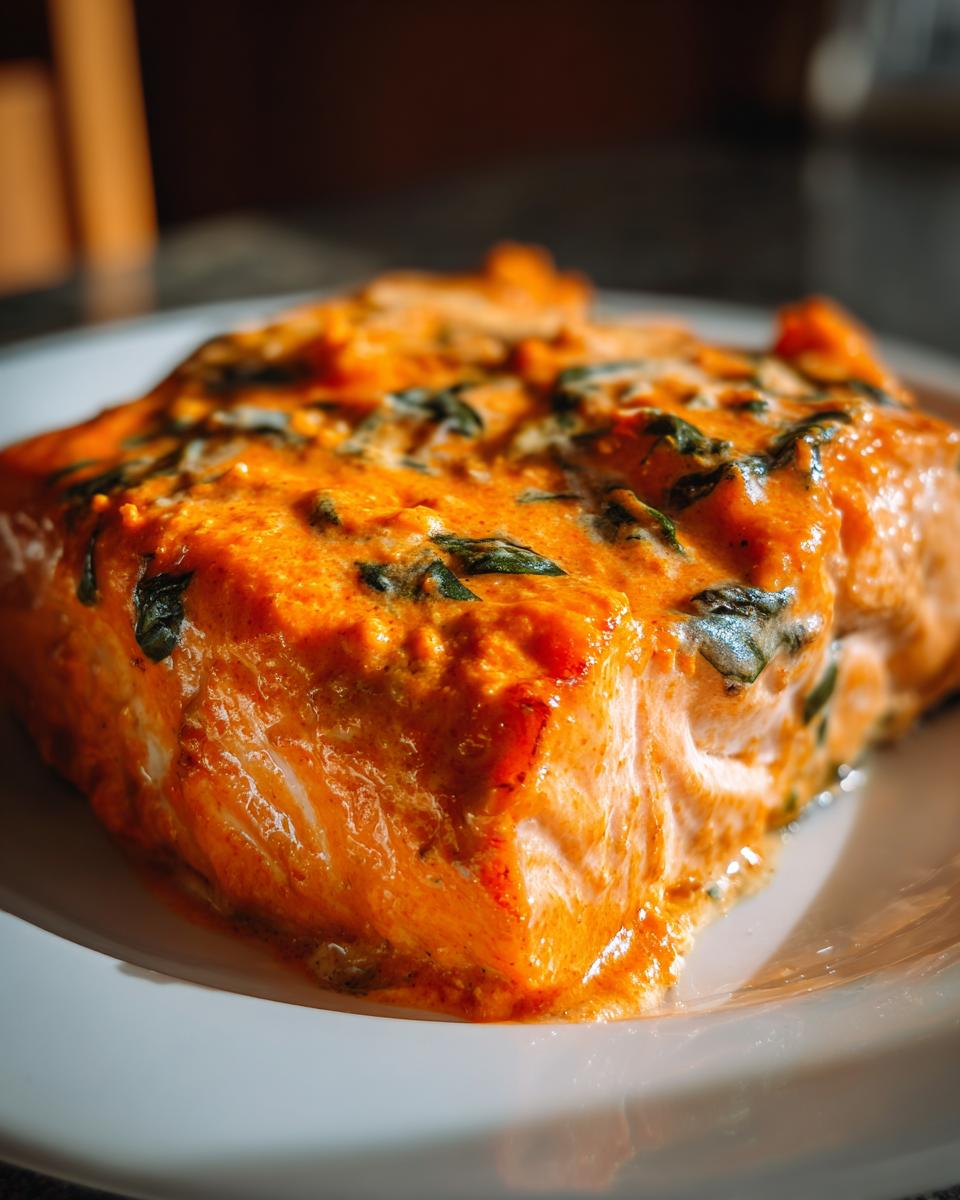 Close-up of a thick fillet of salmon recipe covered in a rich, creamy orange sauce with visible green herbs.