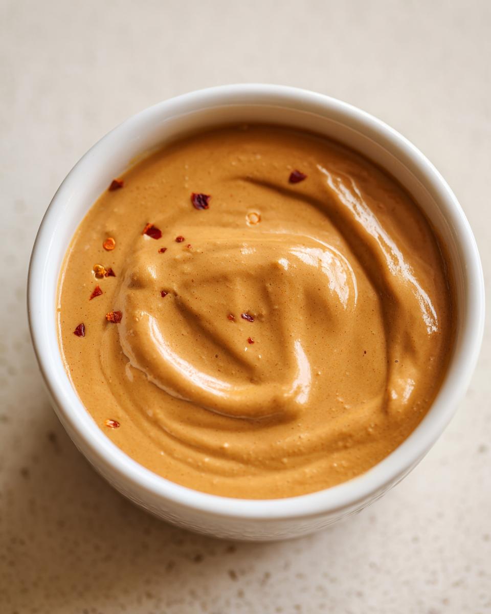Close-up overhead shot of thick, creamy peanut sauce in a small white bowl, garnished with red chili flakes.