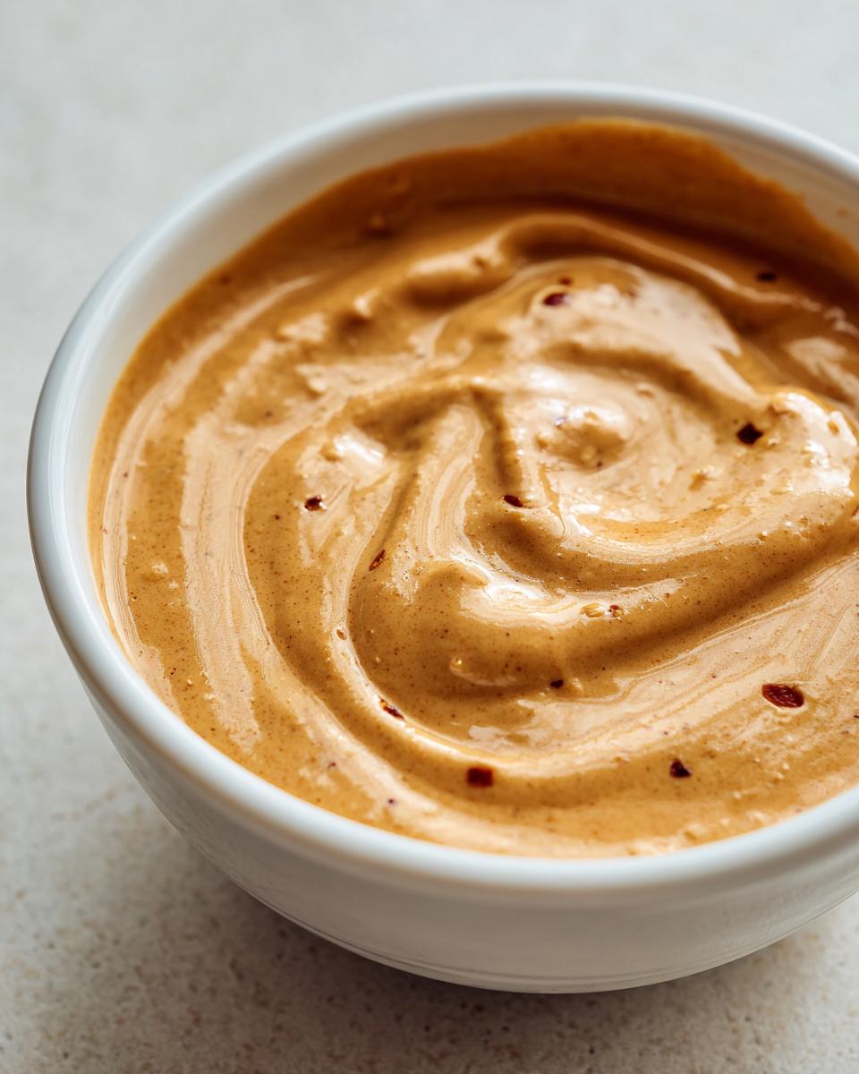 Close-up of thick, creamy peanut sauce swirled in a small white bowl, showing flecks of spice.
