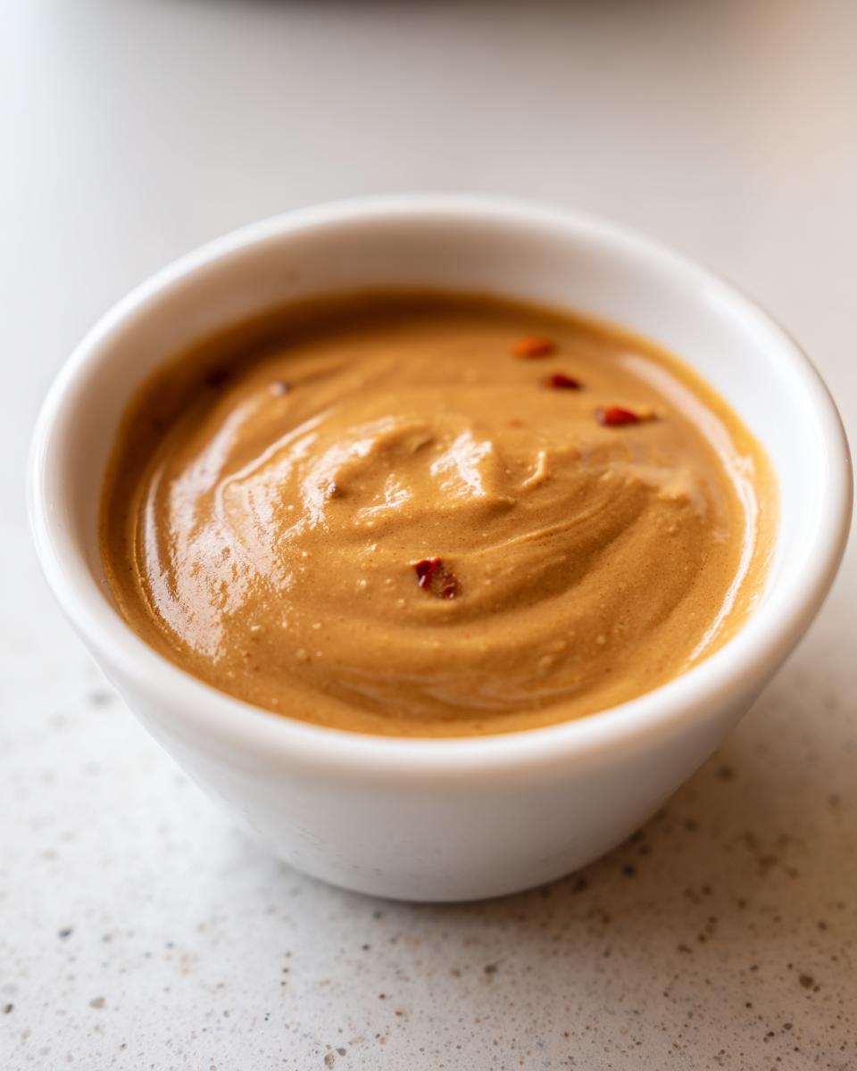 Close-up of rich, creamy peanut sauce in a small white bowl, topped with red pepper flakes.