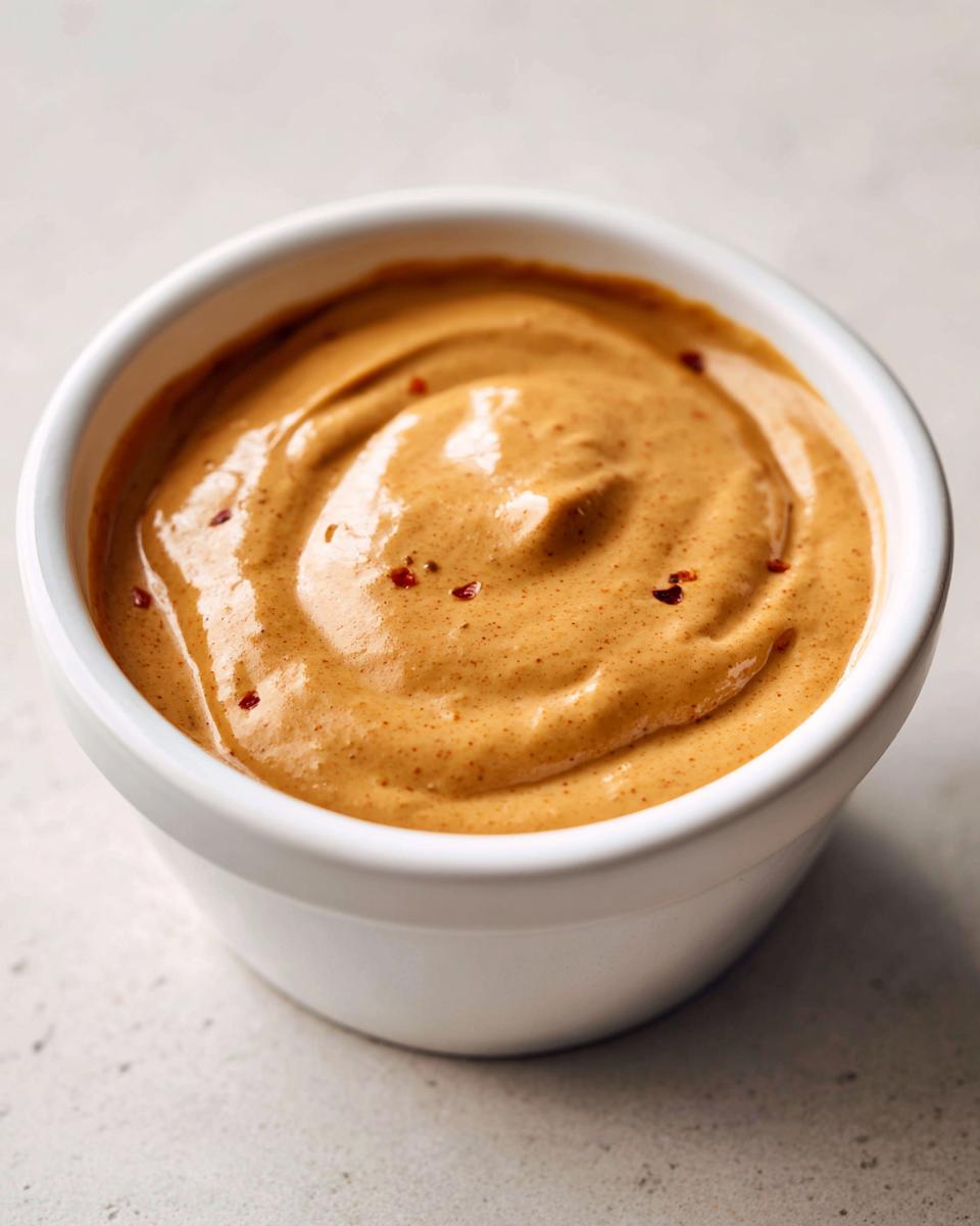 Close-up of a small white bowl filled with thick, creamy peanut sauce, topped with visible red chili flakes.