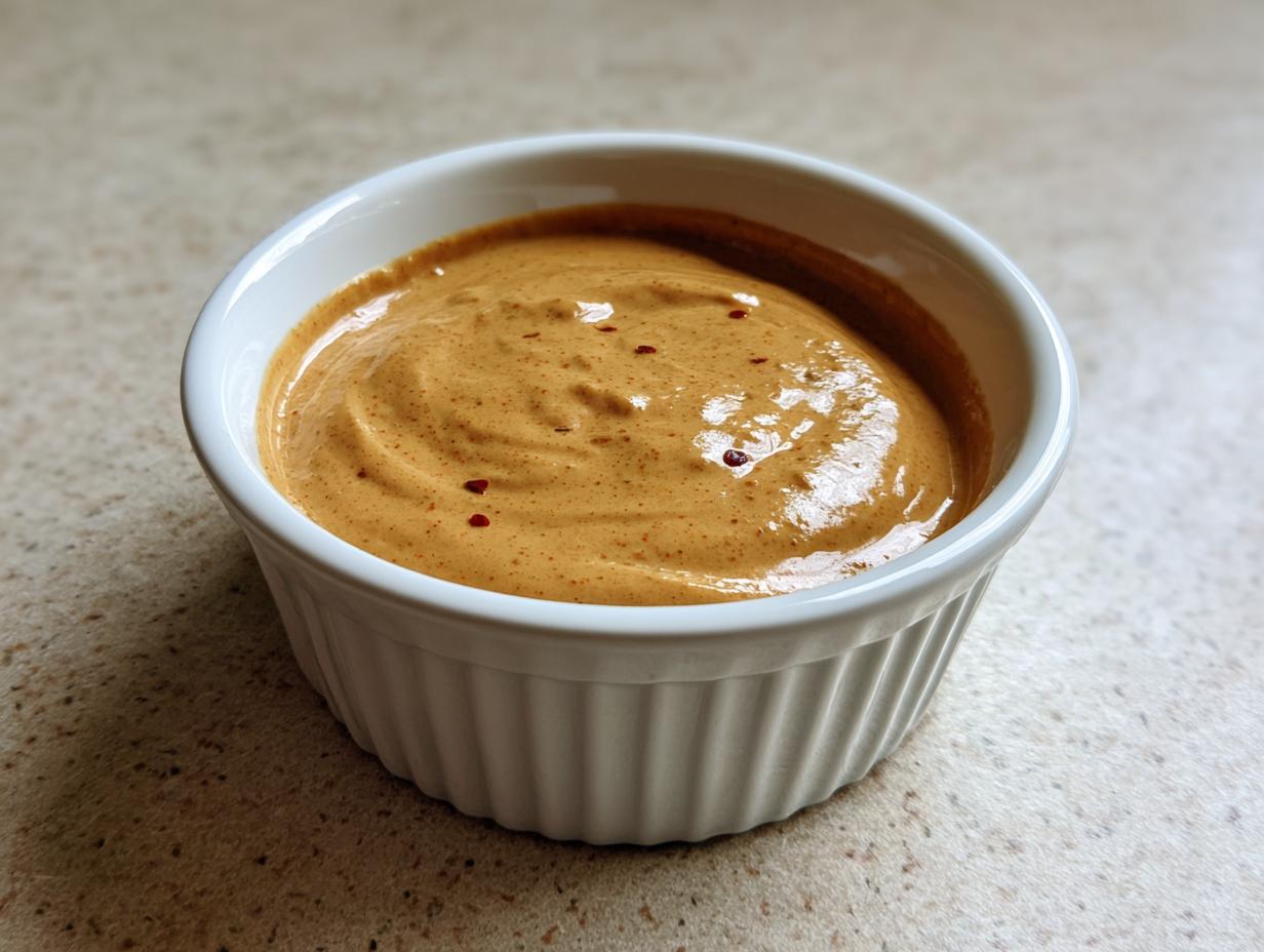 A close-up of a small white bowl filled with thick, creamy peanut sauce, sprinkled with red pepper flakes.