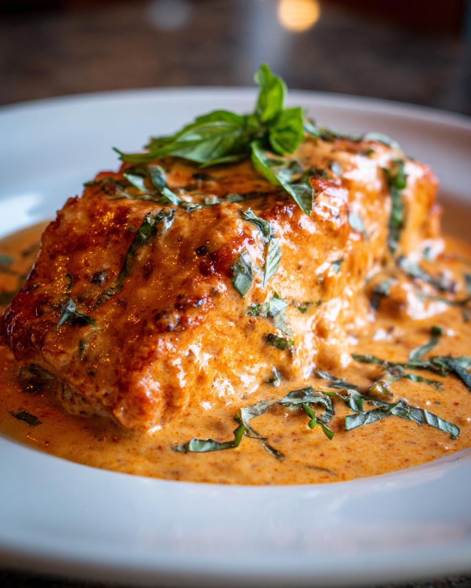 Close-up of a perfectly cooked salmon recipe fillet smothered in a creamy, orange-hued sauce and topped with fresh basil.