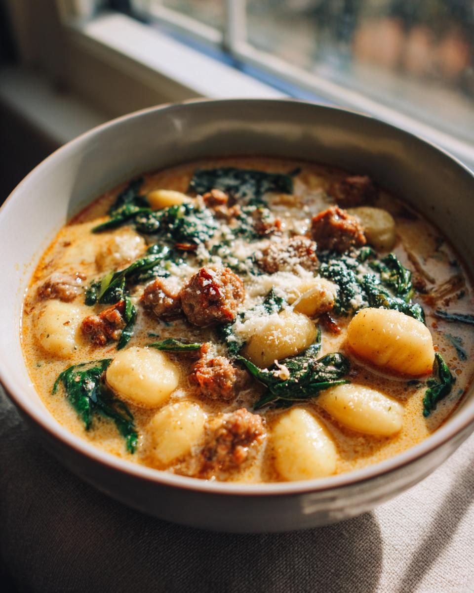 Close-up of a bowl of creamy sausage gnocchi soup with spinach and grated Parmesan cheese.