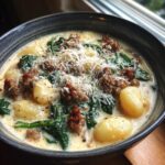 A close-up of a hearty bowl of creamy sausage gnocchi soup, topped with spinach and grated Parmesan cheese.