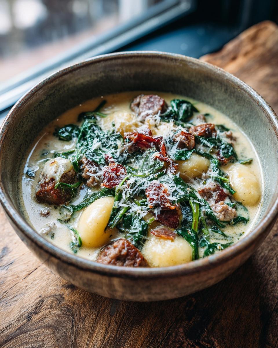 A close-up of creamy sausage gnocchi soup with spinach and grated Parmesan cheese.