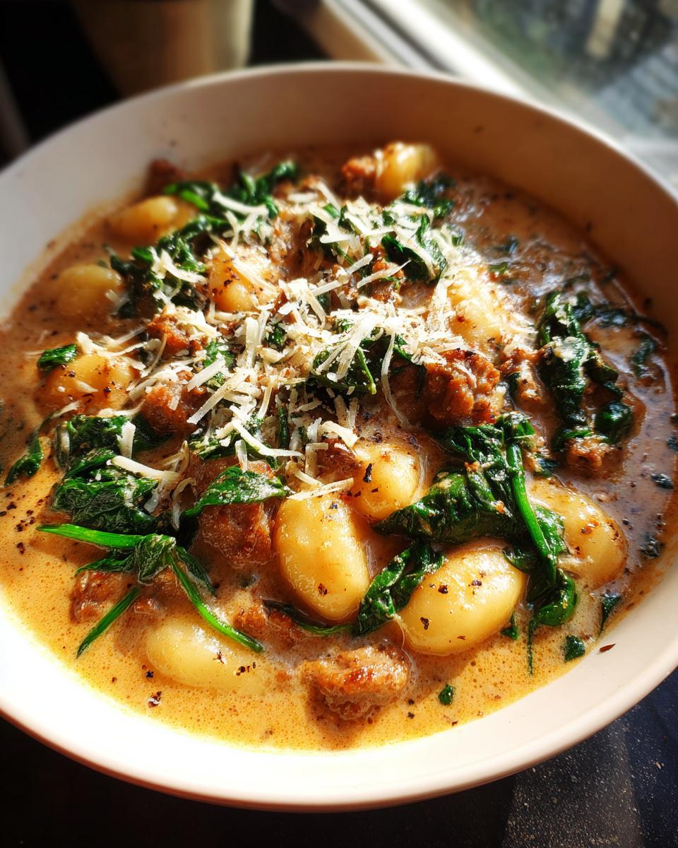 A close-up bowl of creamy sausage gnocchi soup topped with wilted spinach and grated Parmesan cheese.