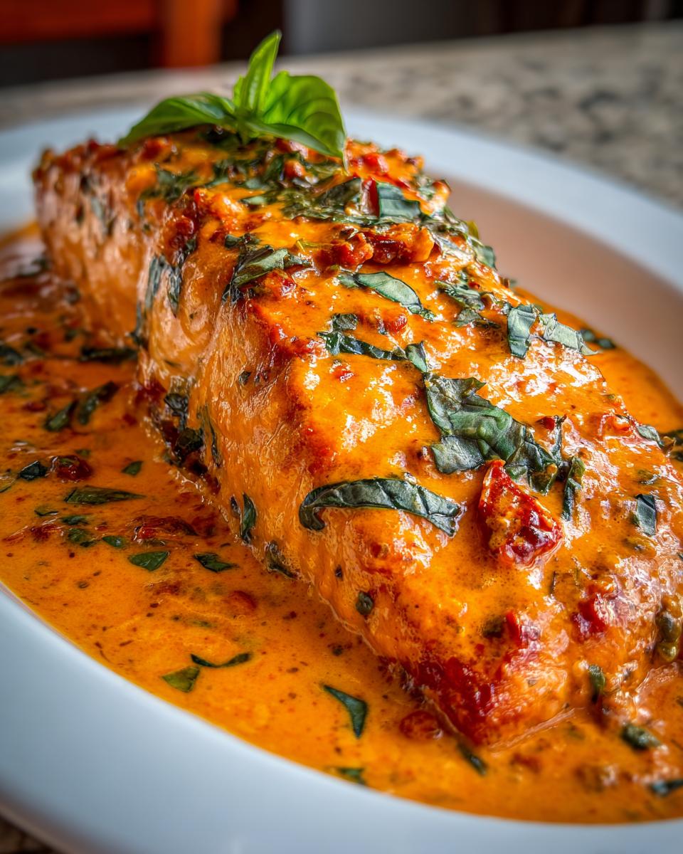 Close-up of a perfectly cooked salmon recipe fillet smothered in a rich, creamy, orange sauce with sun-dried tomatoes and fresh basil.