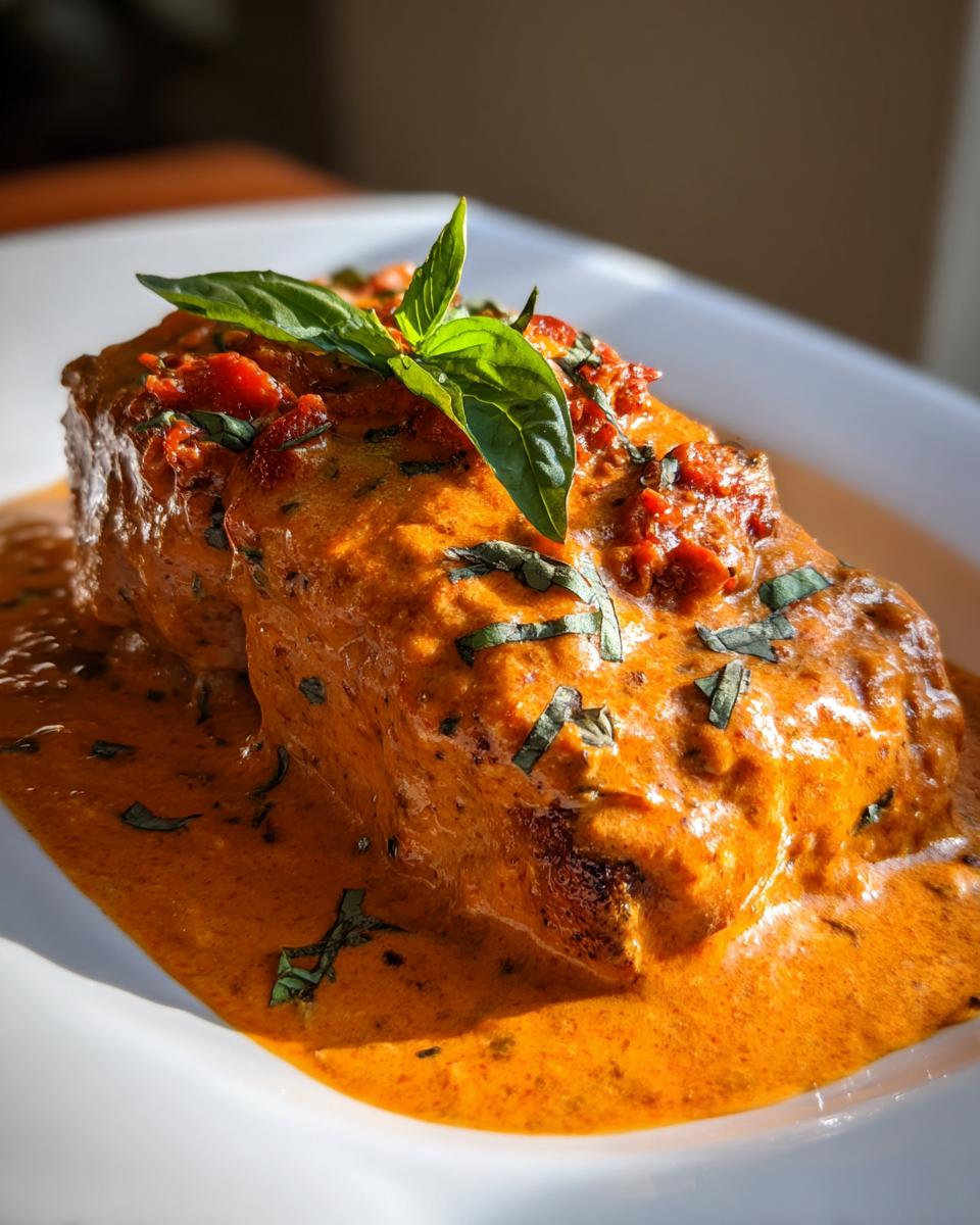 Close-up of a perfectly cooked salmon recipe smothered in a rich, creamy orange sauce and topped with fresh basil.