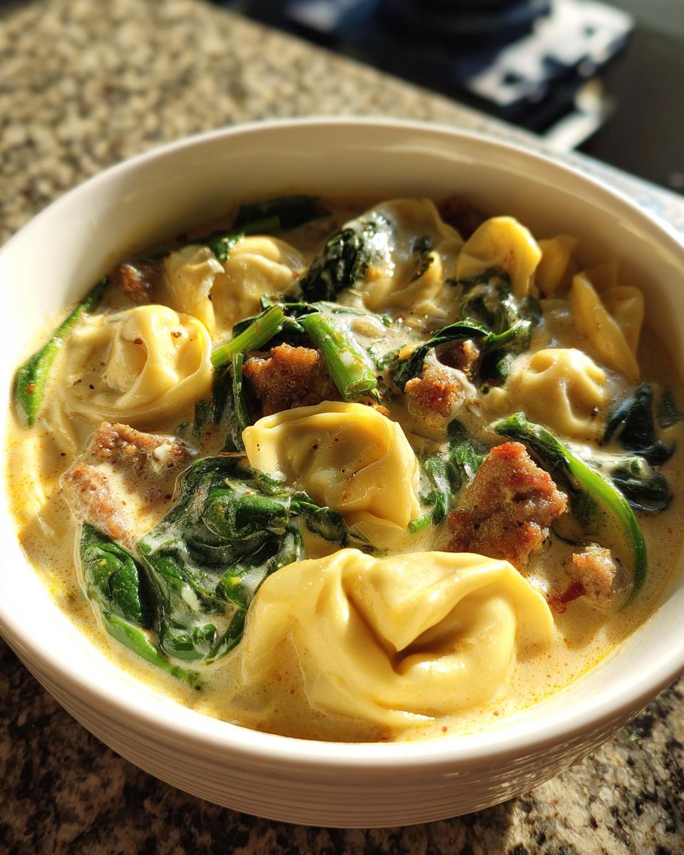 A close-up shot of a white bowl filled with rich, creamy tortellini soup featuring cheese tortellini, browned sausage pieces, and wilted spinach.