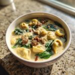 A close-up of a white bowl filled with creamy tortellini soup, featuring cheese tortellini, sausage crumbles, and wilted spinach.