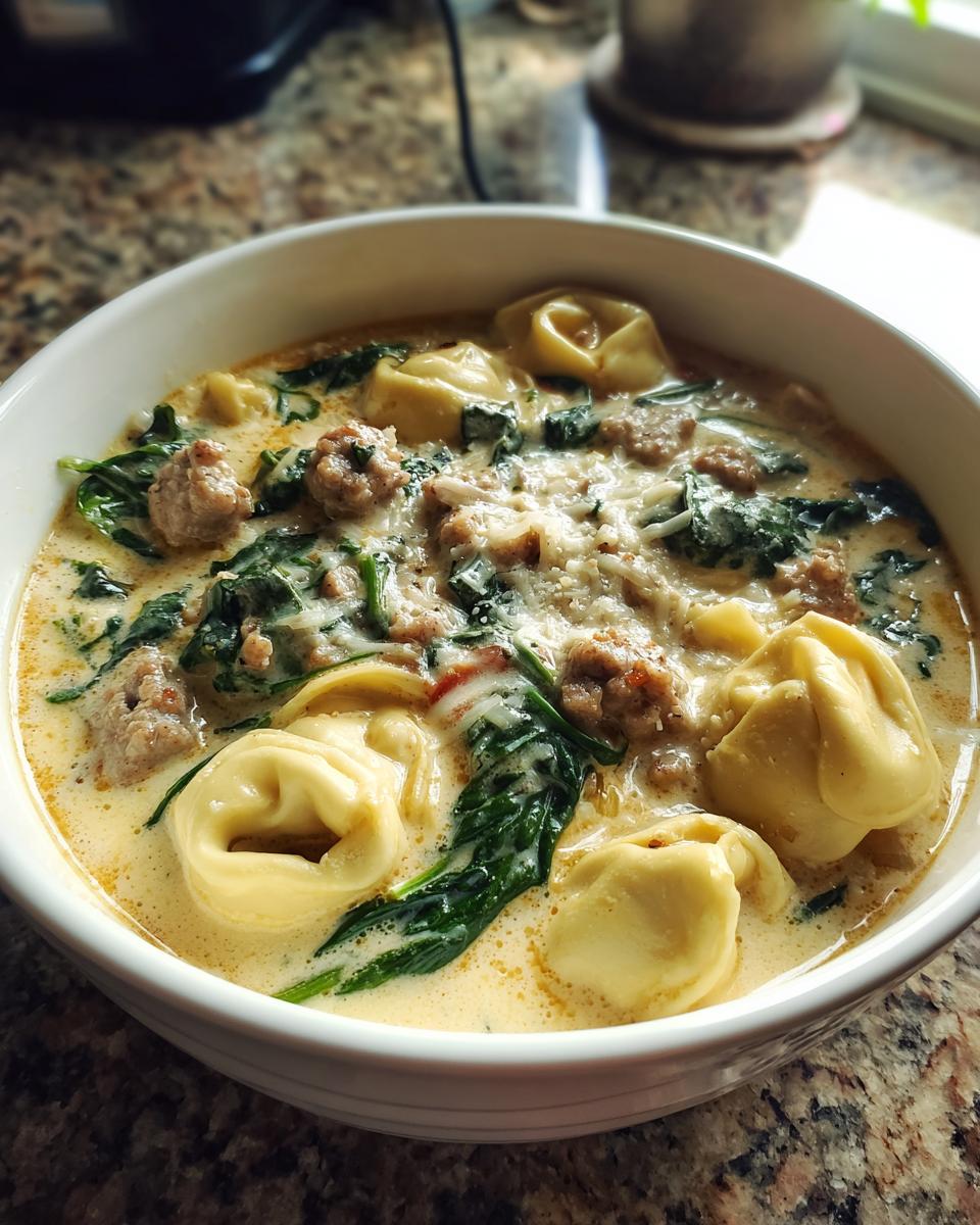 A close-up of a bowl of creamy tortellini soup featuring sausage, wilted spinach, and grated Parmesan cheese.