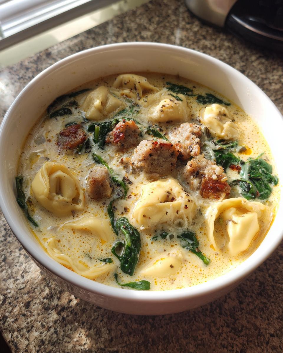 A close-up of a bowl of creamy tortellini soup featuring cheese tortellini, sausage bits, and wilted spinach.