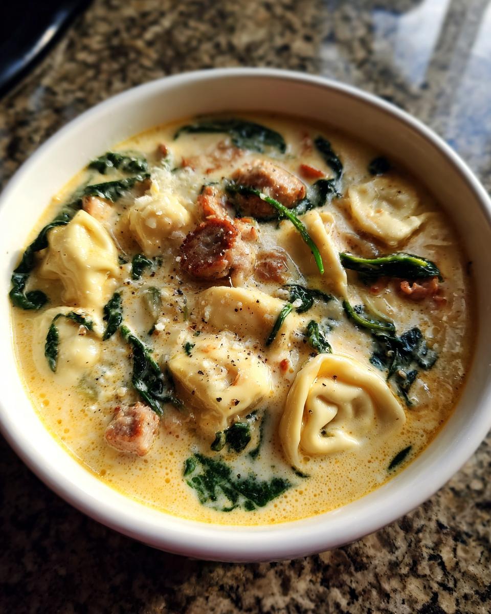 A close-up of a white bowl filled with creamy tortellini soup featuring sausage chunks and wilted spinach.