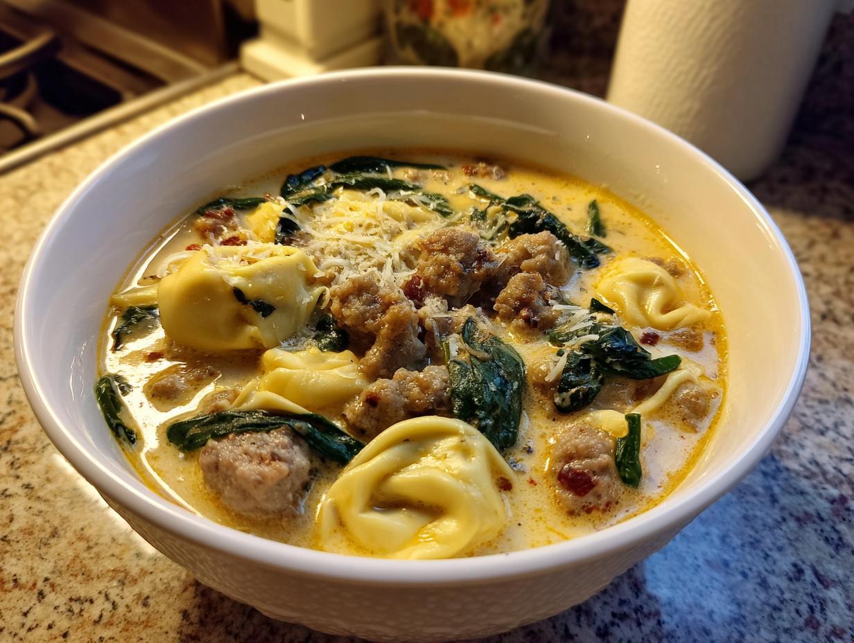 Close-up of a white bowl filled with creamy tortellini soup featuring sausage, spinach, and grated cheese.