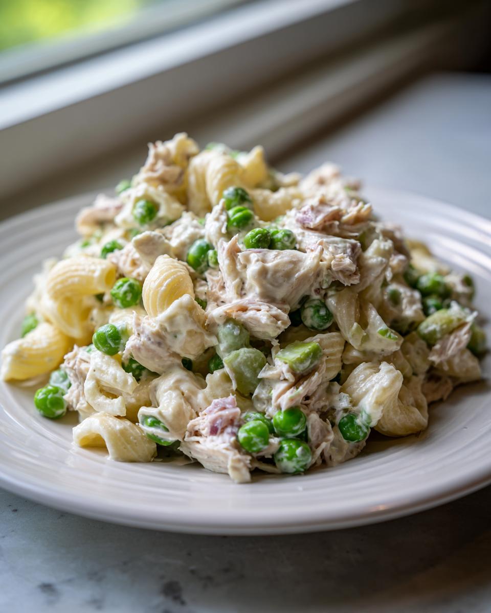 A serving of creamy tuna pasta salad mixed with bright green peas and shell pasta on a white plate.