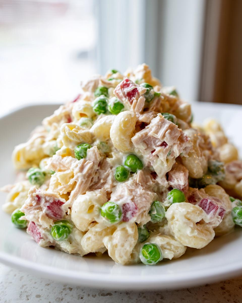 A mound of creamy tuna pasta salad featuring elbow macaroni, shredded tuna, bright green peas, and diced red ingredients.