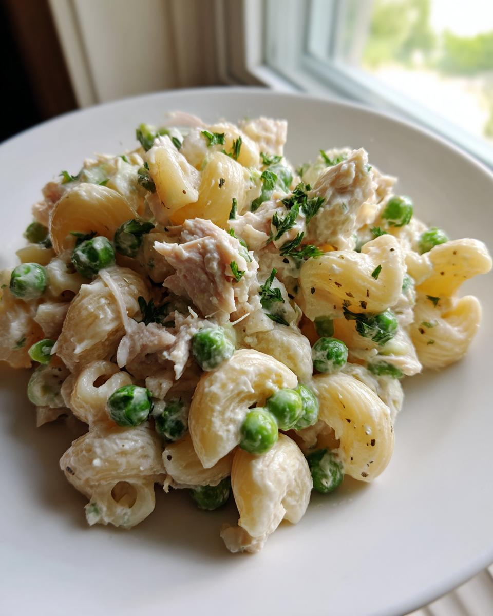 A close-up serving of creamy Tuna pasta salad mixed with elbow macaroni, bright green peas, and fresh parsley.