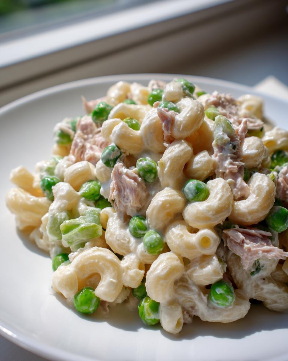 Close-up of creamy tuna pasta salad featuring elbow macaroni, bright green peas, and flaked tuna, served on a white plate.